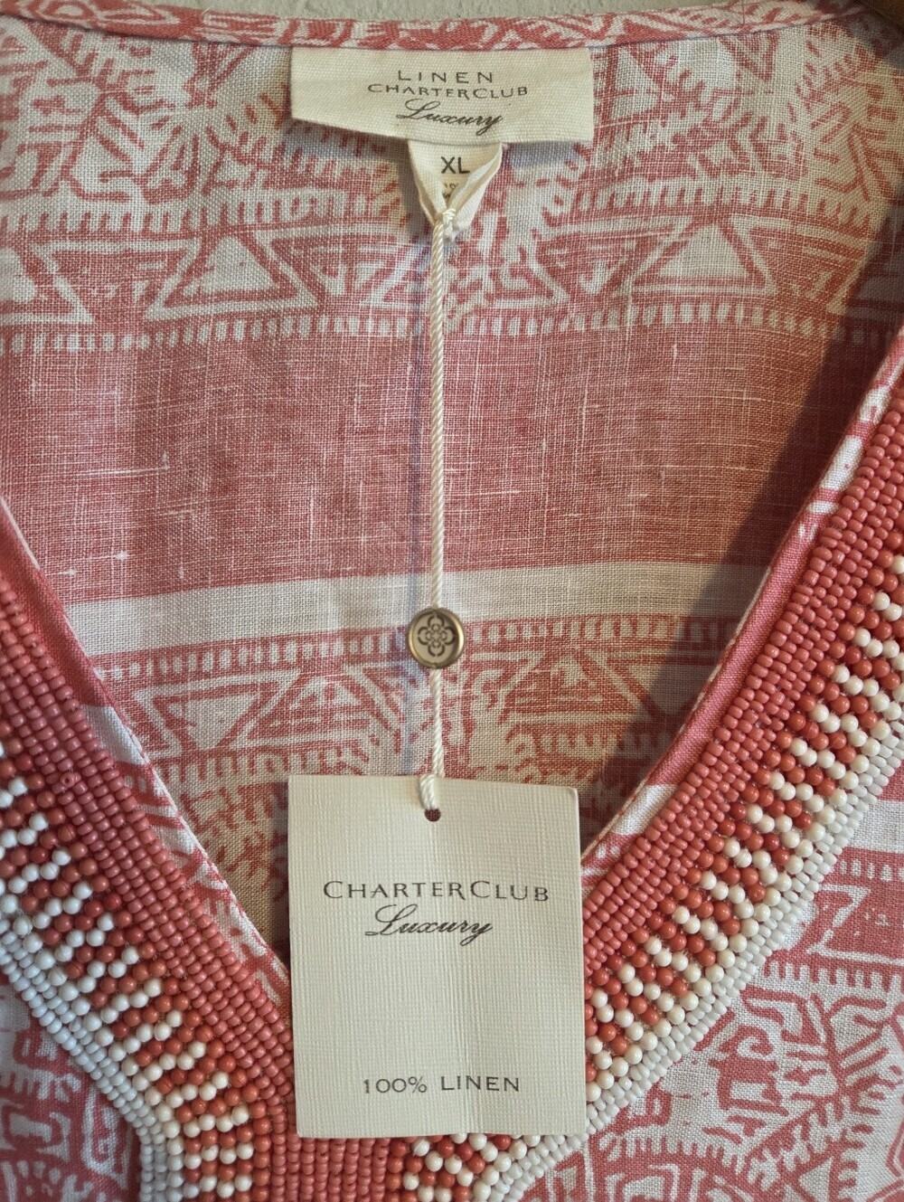 Charter Club Luxury Coral-Pink Printed Linen V-Neck Beaded Tunic Sz XL Vacation - Picture 8 of 11